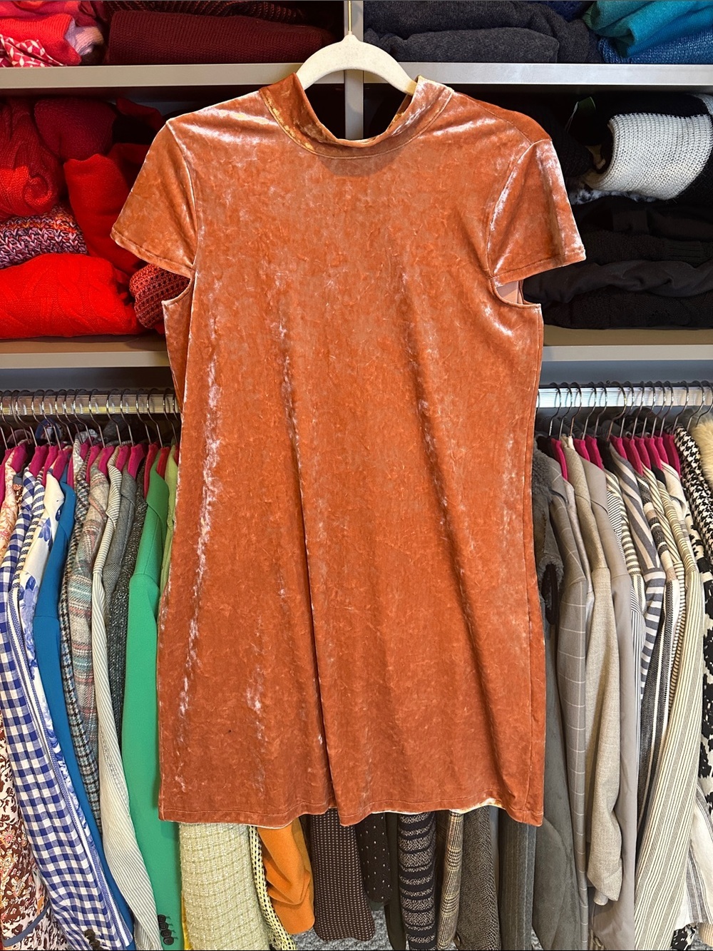 Madewell muted coral cap sleeve mock neck back tie velour dress size XS NWT